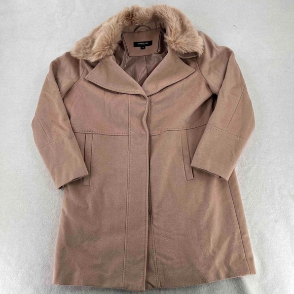 KENNETH COLE Wool Fur Collared Coat Women's Beige Jacket Pockets Size Large - Picture 1 of 9
